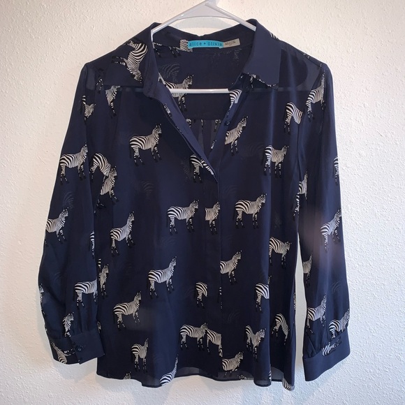 Alice + Olivia new blue zebra silk button down top - Picture 6 of 8